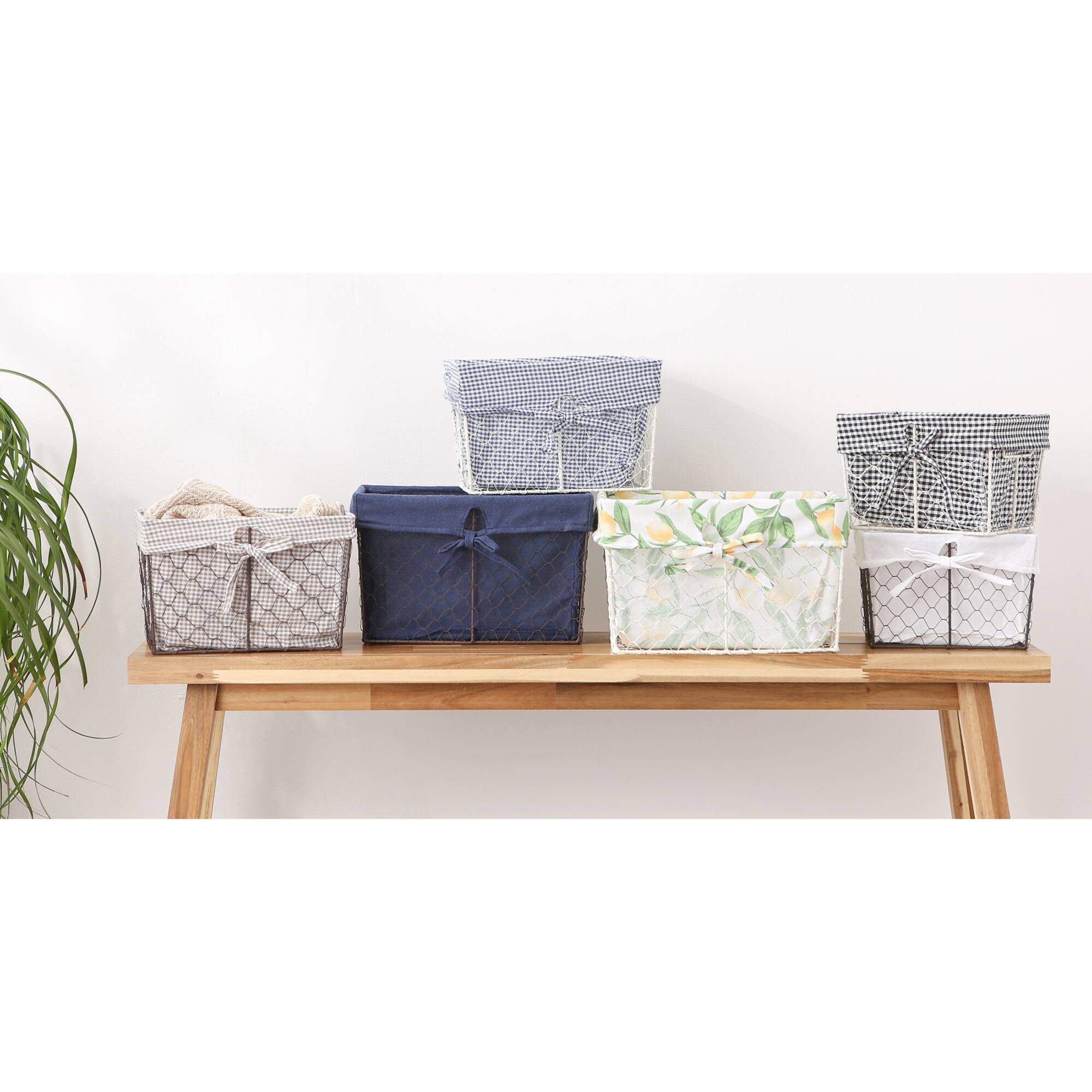 DII® Small Antique White Chicken Wire Baskets with French Blue Gingham Liners, 3ct.